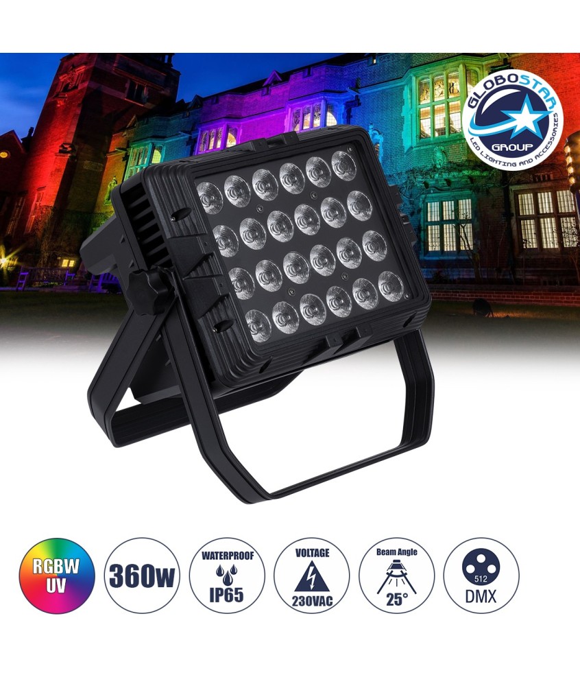 GloboStar® 51175 HARPIES Επαγγελματική Κεφαλή PAR DMX512 360W AC 220V-240V 4in1 - SPOT 25° OSRAM LED Αδιάβροχη IP65 RGBW+UV - Μαύρο - L34 x W21 x H34cm